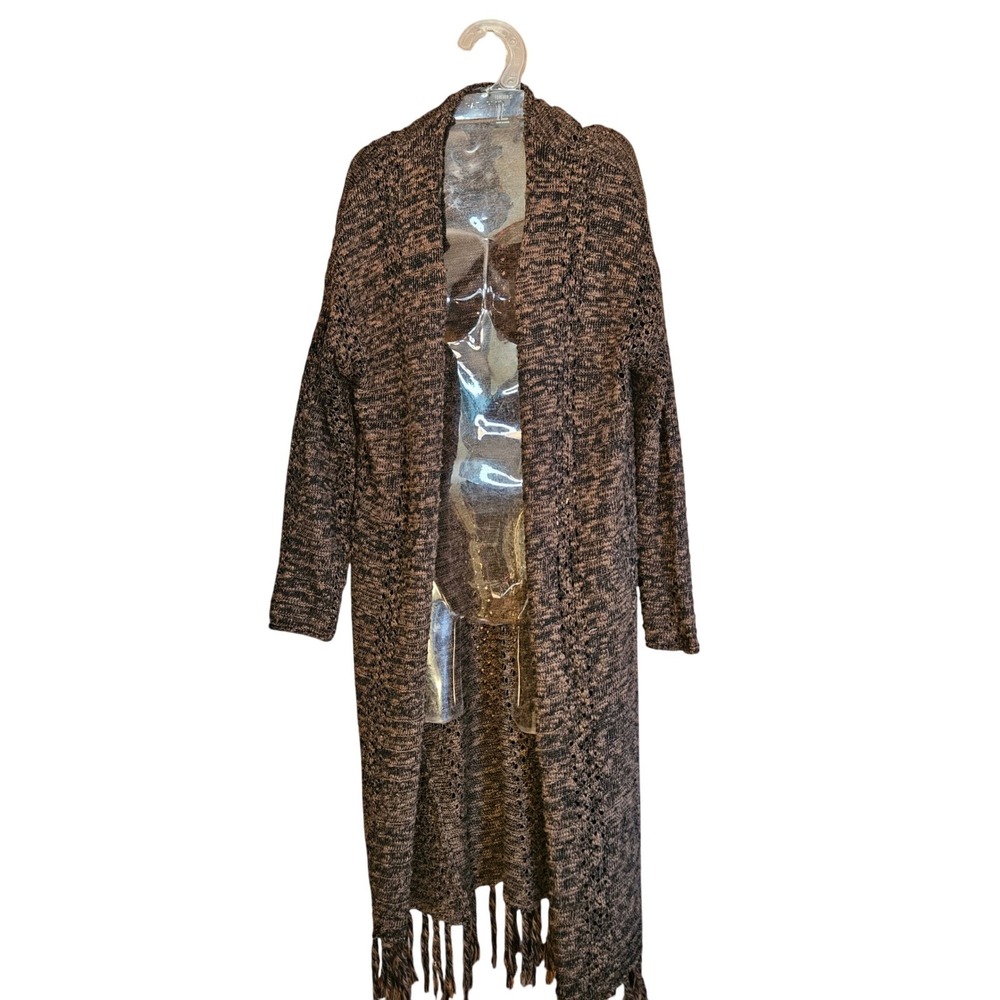 Forever 21 Women Large Brown Marled Knit Longline Fringe Duster Cardigan Sweater